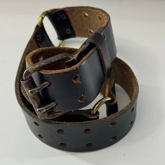 None Other - Vintsge Two Hole Leather and Brass Segmented Belt Size 34